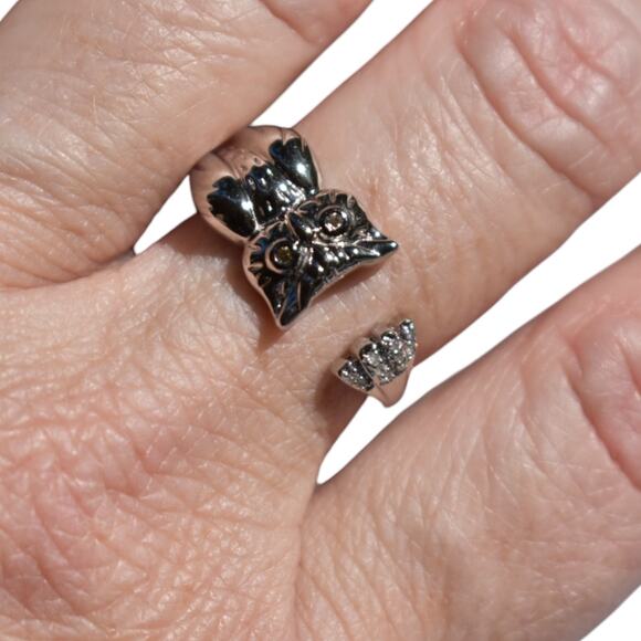 Genuine .05ct Diamond Owl Animal Ring 925 Sterling Silver Adjustable Size - Picture 3 of 5